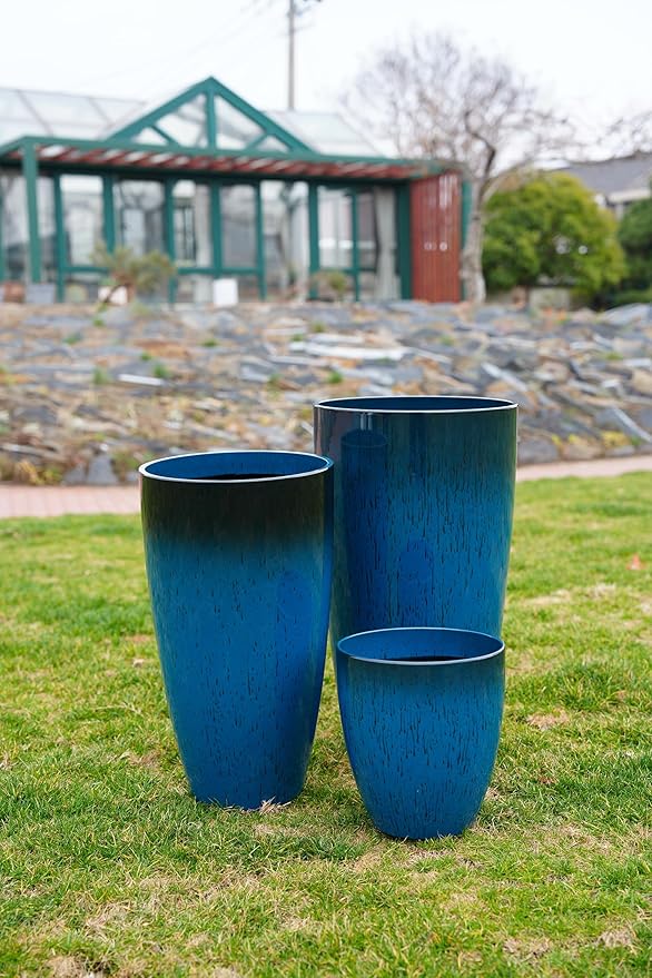 24,21,11 Inch Large Plastic Planters with Drainage Hole and Saucer - Set of 3 Tall Plant Pots Indoor Flower Pot Tall Round Planters Outdoor Large Tall Planter MinCHI257