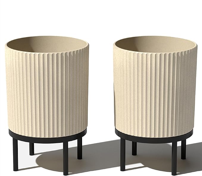 Veradek Demi Series Round Planter w/Stand for Porch/Patio | Durable Plastic-Stone Composite & Wooden Stand | Modern Décor for Tall Plants, Flowers VeradekOutdoor