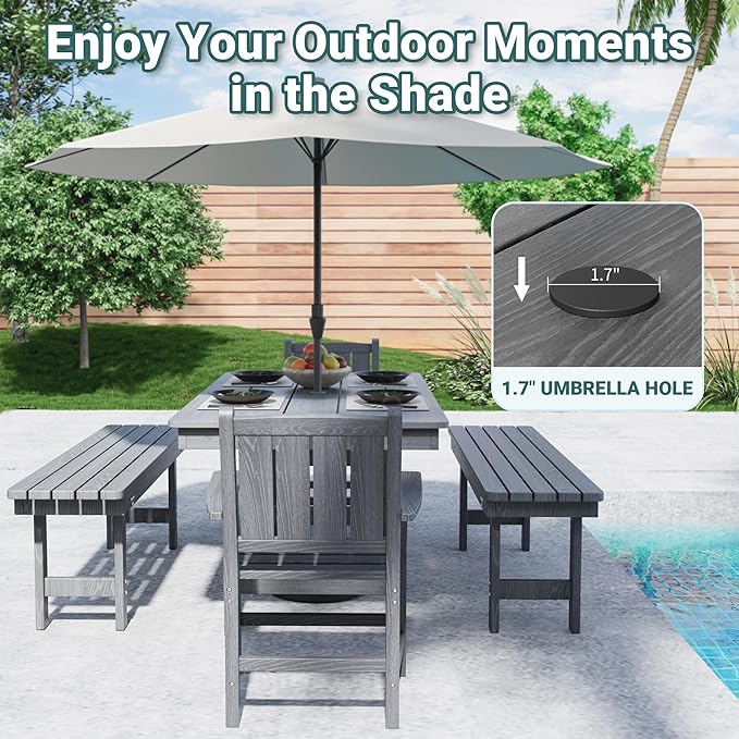 Pamapic 5 PCS Outdoor Dining Set, Spacious HDPE Outdoor Table and Chairs with 2 Bench, Wood Grain Patio Furniture Sets with Elegant Armrest, All-Weather Outdoor Furniture with Umbrella Hole, Gray Pamapic
