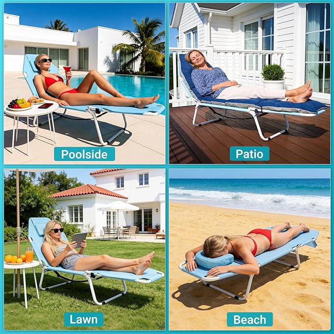 ABORON 2-in-1 Tanning Chair with Face Hole, Folding Camping Cot for Adults, 5-Position Adjustable Lounge Chair with Pillow, Heavy Duty 600D Oxford Portable Cot for Beach, Patio, Poolside ABORON
