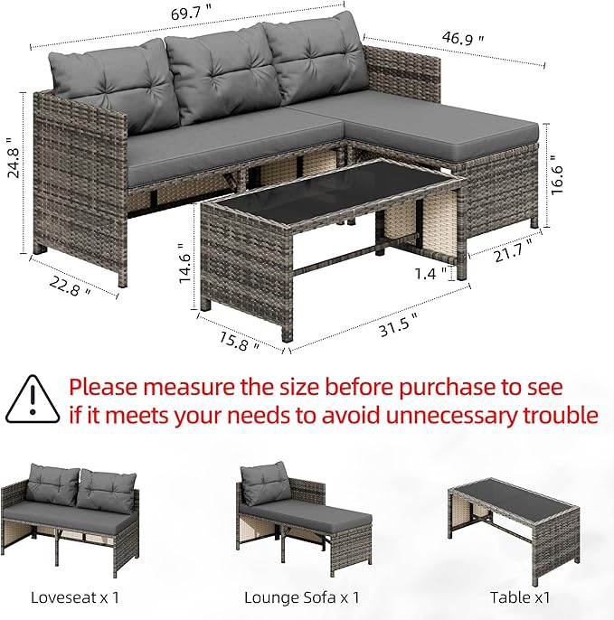 Shintenchi 3-Piece Outdoor Patio Furniture Sets, Wicker Patio Conversation Sets, All Weather Wicker Rattan Patio Seating Sofas with Glass Coffee Table and Cushion, Gray Shintenchi