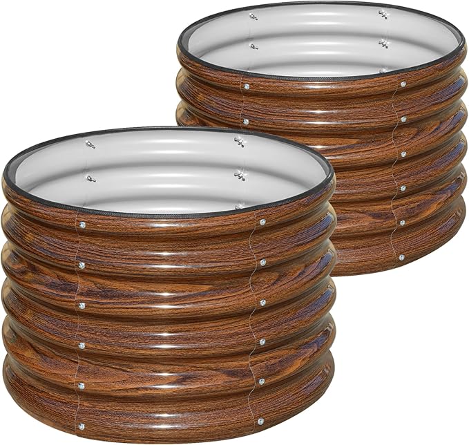 SnugNiture Raised Garden Bed, 2 PCS 2×2×1.5ft Round Galvanized Outdoor Planter Box, 17" Tall Deep Metal Garden Bed Kit for Planting Vegetables, Fruits, Flowers, Brown snugniture
