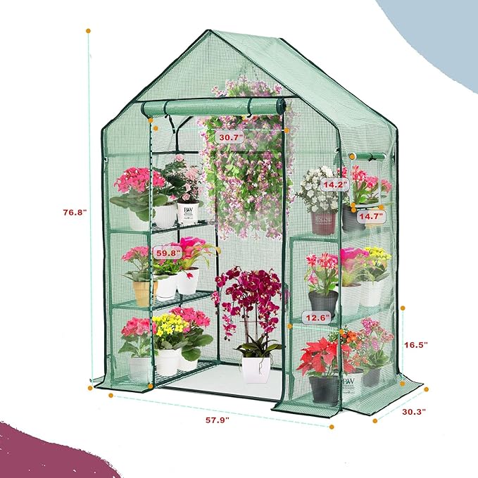 Walk-in Greenhouse for Outdoors w/ Mesh Side Windows, 3 Tiers 6 Shelves PE Cover Green House Portable Warm House for Seedling Flowers Growing 20 Pcs T-Type Plant Tags Include (GHW001G) Purlyugreenhouse