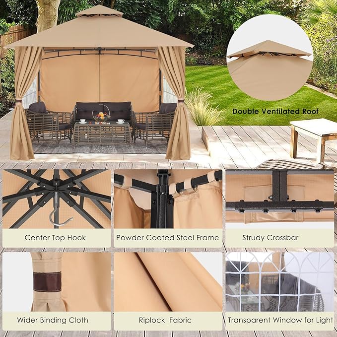 MASTERCANOPY Patio Gazebo Steel Frame Outdoor Gazebo with Windows Curtains (11x11,Beige) MASTERCANOPY