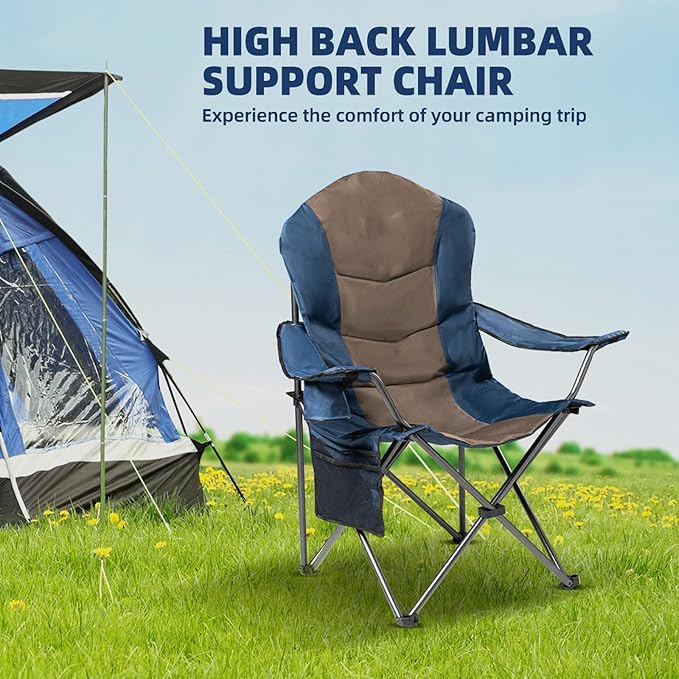 2 Pack Folding Camping Chairs for Adults - High Back Padded Outdoor Lawn Chairs with Lumbar Support & Cup Holder, 400lbs Heavy Duty Portable Camping Chairs Set (Blue & Brown, 2 PCS) Rootora