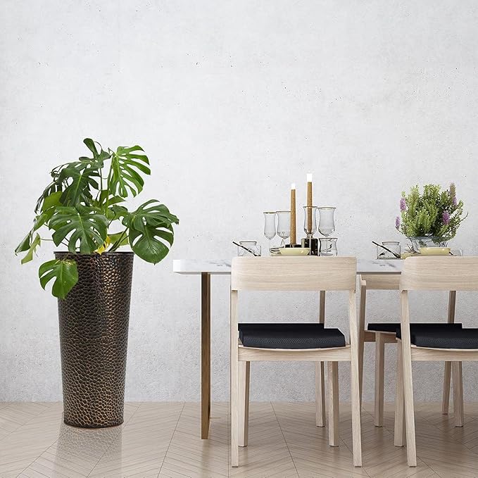 Worth 2 Pack 25" Tall Narrow Metal Planter with Inside Pot for Indoors or Outdoors, Deck, Patio or Front Porch, Hand-Hammered Texture, Bronze WORTH
