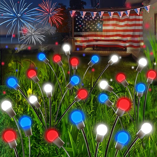 4th of July Decorations, 6 Pack Solar Firefly Lights Outdoor, 36 LED Waterproof Patriotic Decor Garden Lights with 2 Modes for Independence Day National Day Yard Path Decorations (Red White and Blue) Albelt
