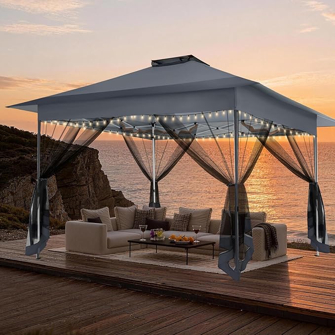 C0BIZI Gazebo 10x15 Pop up Canopy,Gazebos on Clearance-Canopy Tent with Mosquito Netting for Lawn,Garden,Backyard & Patio-Outdoor Tent-Water Resistant and UPF50+ (Gray) COBIZI
