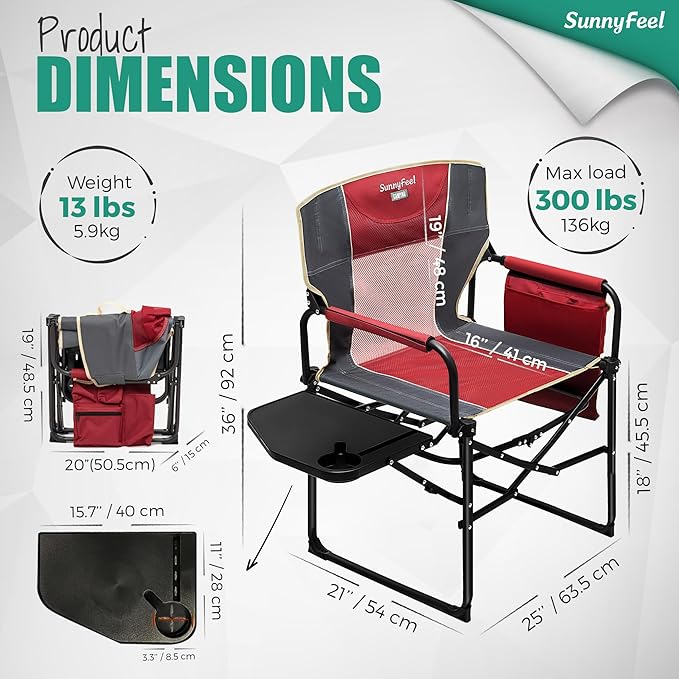 SUNNYFEEL Camping Directors Chair, Heavy Duty,Oversized Portable Folding Chair with Side Table, Pocket for Beach, Fishing,Trip,Picnic,Lawn,Concert Outdoor Foldable Camp Chairs SunnyFeelCamping