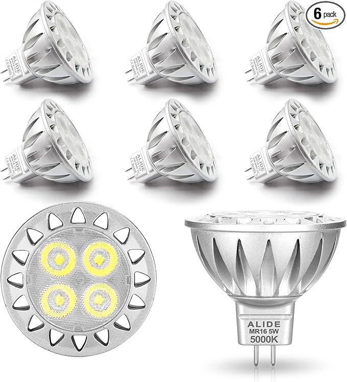 ALIDE 5W MR16 5000K Daylight White Led Bulbs GU5.3, MR16 20W 50 Watt Halogen Replacement, 12V Low Voltage Light Bulb for Accent Outdoor Landscape Track Lighting,Not Dimmable,500lm,38 Deg,6 Pack ALIDE