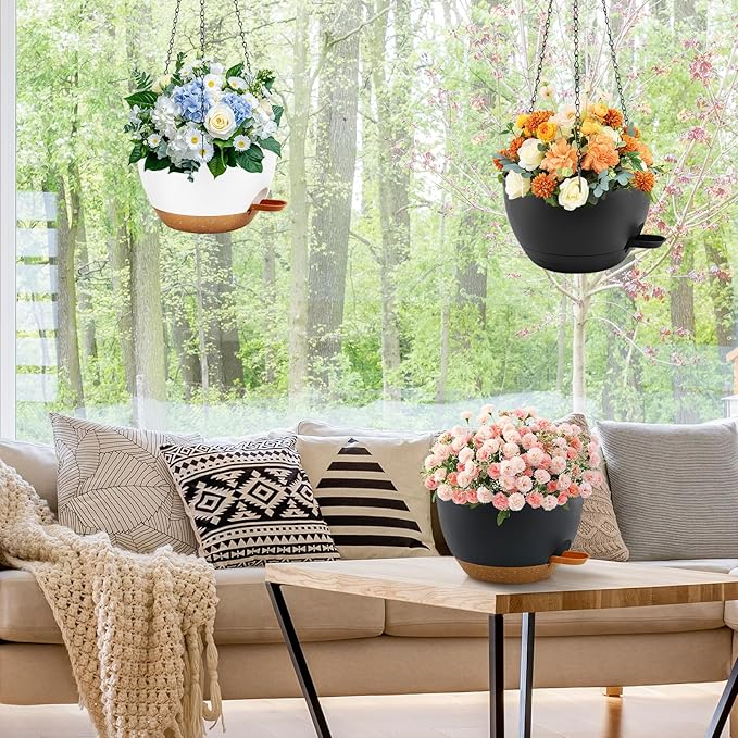 10 inch Hanging Planters for Indoor Plants, 3 Pack Self-Watering Hanging Planter Pots with Chain and Drainage Holes, Outdoor Plastic Hanging Baskets for Garden Home Decor Rootora