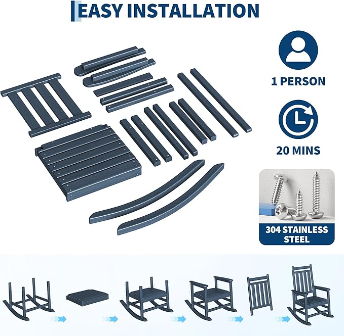 HDPE Rocking Chair Outdoor Set of 4 - Poly High Back Porch Rocker Chairs for Adults - All Weather Resistant Furniture for Patio Front Porch - Navy Blue Garvee