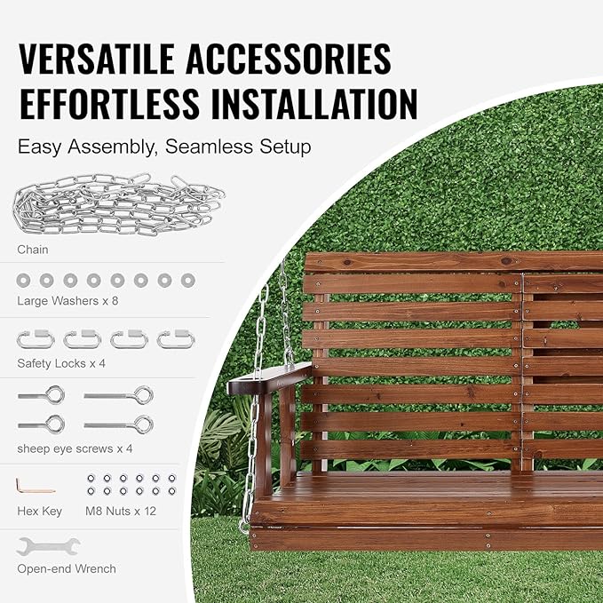 VEVOR Wooden Porch Swing 5 ft, Patio Bench Swing for Courtyard & Garden, Upgraded 880 lbs Strong Load Capacity, Heavy Duty Swing Chair Bench with Hanging Chains for Outdoors, Brown VEVOR