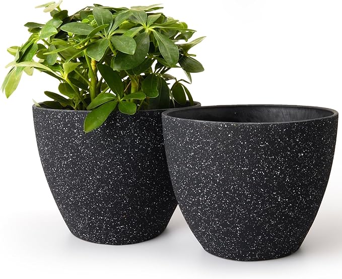 LA JOLIE MUSE Flower Pots Outdoor Garden Planters, Indoor Plant Pots with Drainage Holes, Plastic, Speckled Black, Set 2 (7.5 + 7.5 Inch) LaJol%C3%ADeMuse