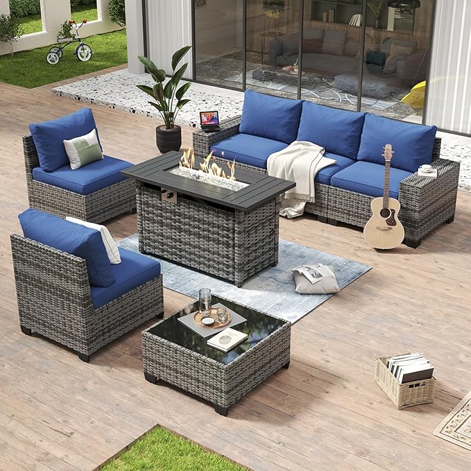 Aoxun 7 Piece Patio Furniture Set with Wide Armrests & 44” Fire Pit Table Wicker Rattan Outdoor Sectional Sofa Set with Coffee Table and Thickened Cushions, Gray/Blue(Waterproof Cover Included) Aoxun