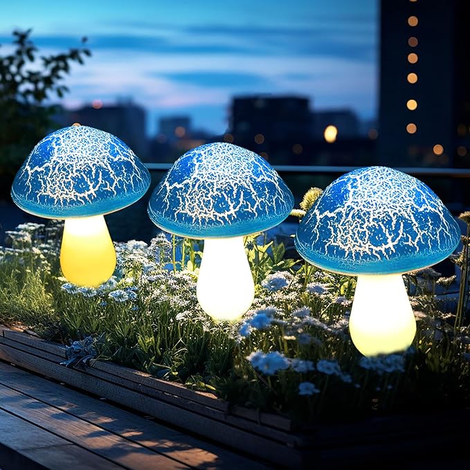 Solar Mushroom Lights Garden Decor 8 Blue Crack Mushrooms Outdoor Decor Stake Lights, Waterproof Solar Pathway Light Gardening Gifts for Landscape Easter Gnomes Yard Halloween Christmas Decorations Viewpick