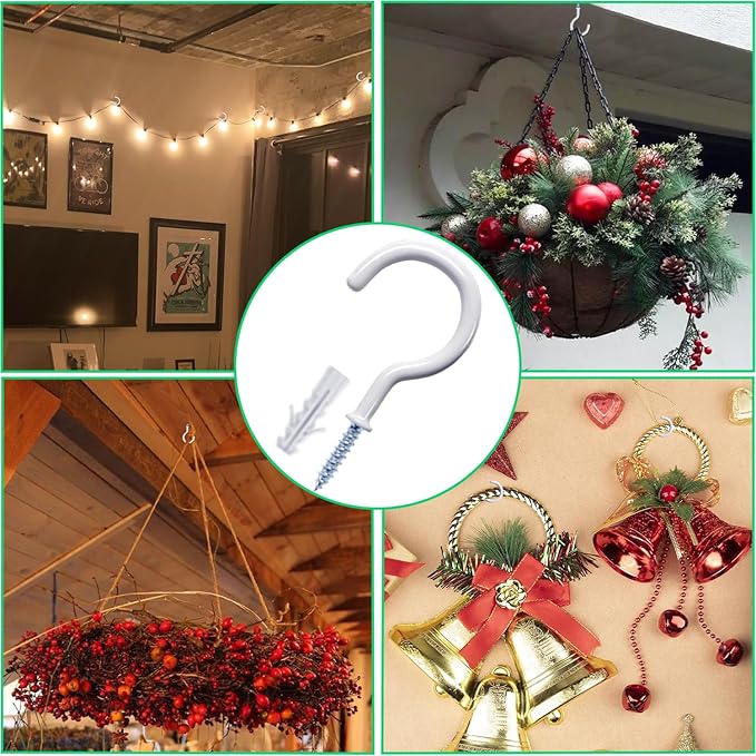 12 Pcs Ceiling Hooks for Hanging Plants, Cups, Utensils and Christmas String Lights, 1-1/4 inch Vinyl Coated Screw-in Plant and Cup Hooks for Wooden and Drywall with Anchors - White Etoolia