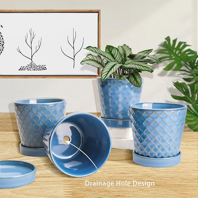 EFISPSS Plant Pots,5 Inch Pots for Indoor Plants,Planters with Drainage Hole and Saucer, Ceramic Flower Pots Desktop Office Windowsill Decoration Gift Set of 4 - Sky Blue EFISPSS