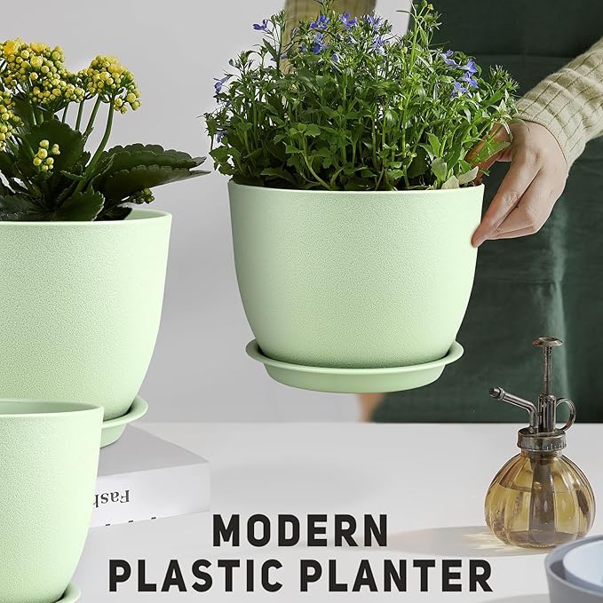 Plant Pots 12/10/9 inch Set of 3, Flower Pots with Multi Mesh Drainage Holes, Large Planters for Indoor Outdoor Garden Plants and Flowers. (Green) AFamilyofGardenLovers