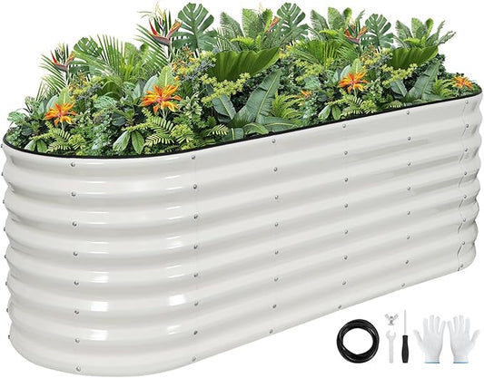 Galvanized Raised Garden Bed Outdoor 24'' Deep | Oval Metal Garden Beds with Easy Assembly & Planter Box for Planting Deep Root Vegetables Fruits Flowers, 6x2x2ft White Rootora