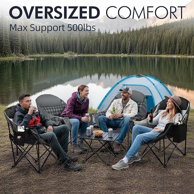Oversized Camping Chair for Adults - Heavy Duty Outdoor Padded Large Lawn Camp Chair with Cup Holder Cooler Pockets for Sports Beach Fishing Garden Portable Supports 500lbs, Black/Grey 2 Pack PUVASIA