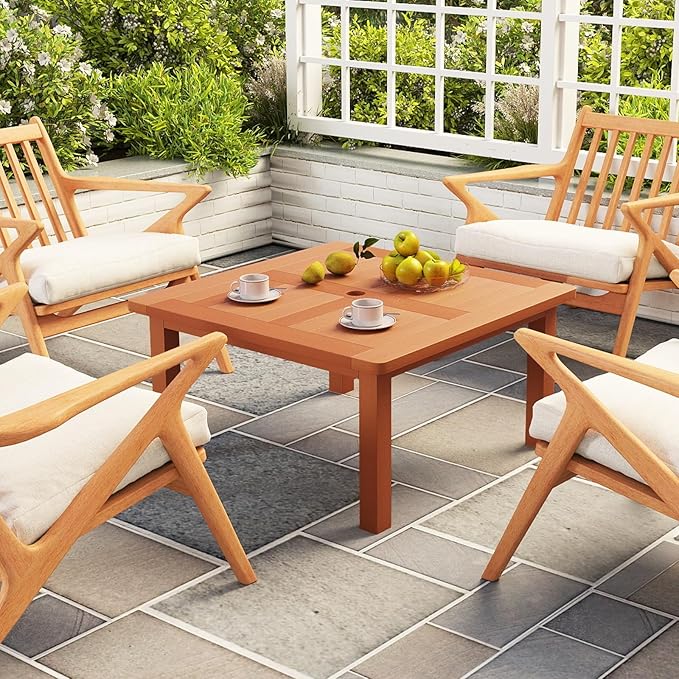 Tangkula Patio Coffee Table with Umbrella Hole, 35.5 Inches Outdoor Solid Square Wood Side Table with Slatted Tabletop & Teak Oil Finish, for Yard, Balcony, Deck TANGKULA