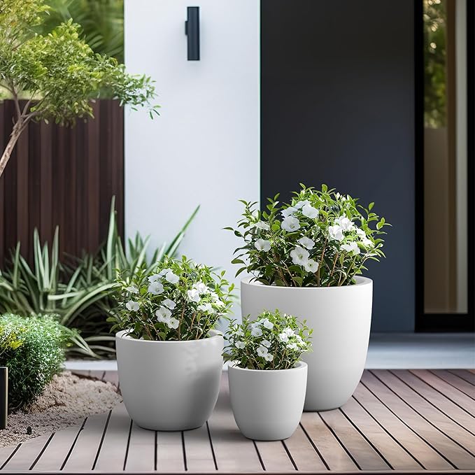 Kante 18",14",10" Dia Concrete Round Planters (Set of 3), Outdoor Indoor Large Planter Pots with Drainage Hole for Home Patio Garden, Pure White Kante