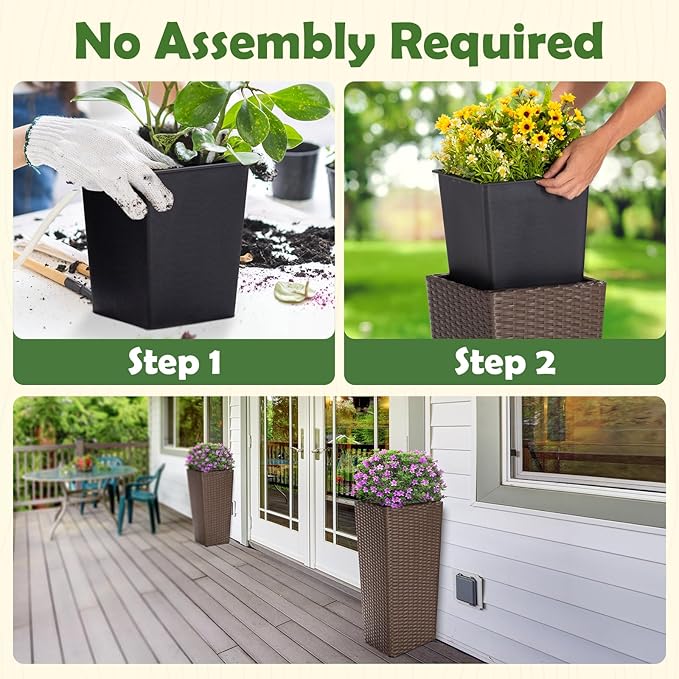 Idzo All Weather Wicker Planters for Outdoor Plants Set of 2, 24 inch Tall Planter for Front Porch, Patio, Balcony, Indoor Usage - Square Rattan Flower Pots, Mocha Idzo