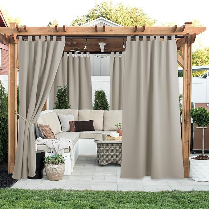 NICETOWN 2 Panels Natural Outdoor Patio Curtainss Waterproof, Detachable Sticky Tab Top Thermal Insulated Privacy Indoor Outdoor Drapes Cold & Heat Block Room Darkening for Pergola, W52 x L95 NICETOWN