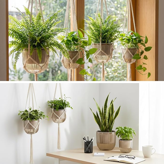 6 Pack Self Watering Hanging Planters Indoor Flower Pots(4.5 +6.5) Visible Water Level Markers 3 Hanging Ropes with Drainage Holes for Indoor Outdoor Garden Home Decor Supplies(Grey) Yiyiring