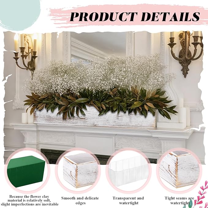 Dandat 1 Set Wood Boxes for Centerpieces 16x4 Inch Rectangle Wooden Planter Box Rustic Wooden Planters with Removable Plastic Liner Floral Foam Blocks for Christmas Wedding Home Garden Decor(White) Dandat