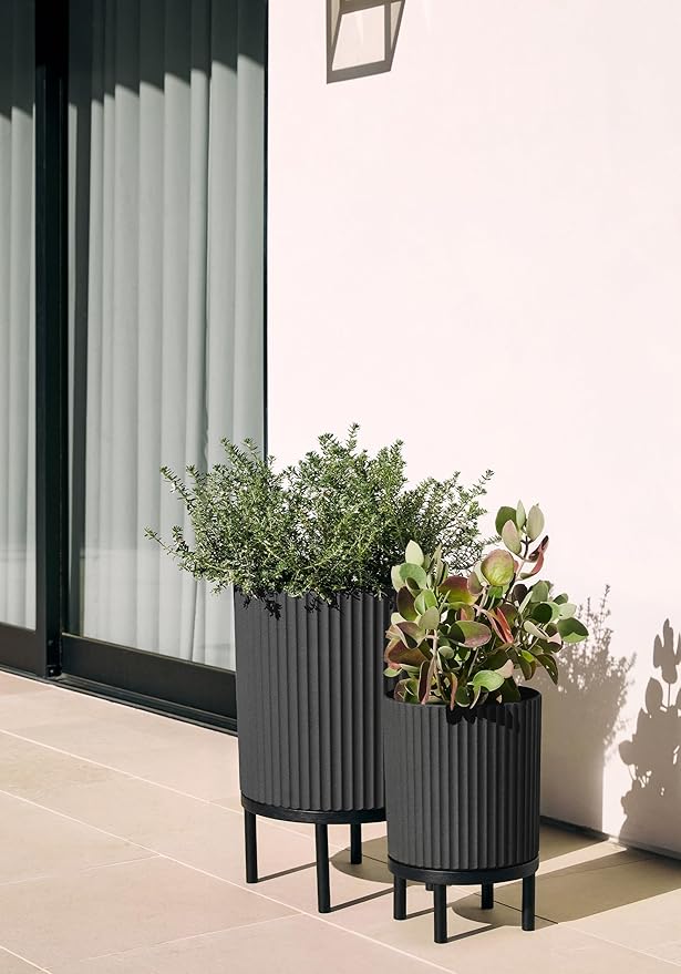 Veradek Demi Series Round Planter w/Stand for Porch/Patio | Durable Plastic-Stone Composite & Wooden Stand | Modern Décor for Tall Plants, Flowers VeradekOutdoor