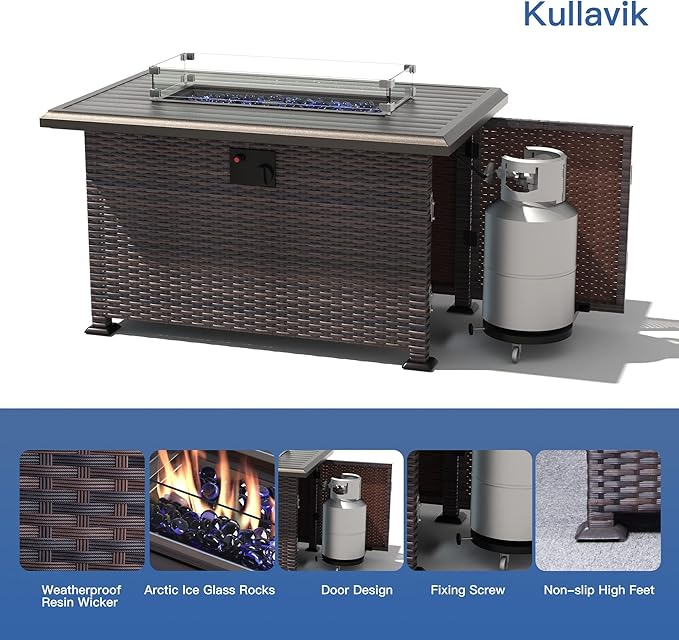 Kullavik 15PCS Outdoor Patio Furniture Set with 43" 55000BTU Gas Propane Fire Pit Table PE Wicker Rattan Sectional Sofa Patio Conversation Sets w/8 Coner Sofas,Grey KULLAVIK
