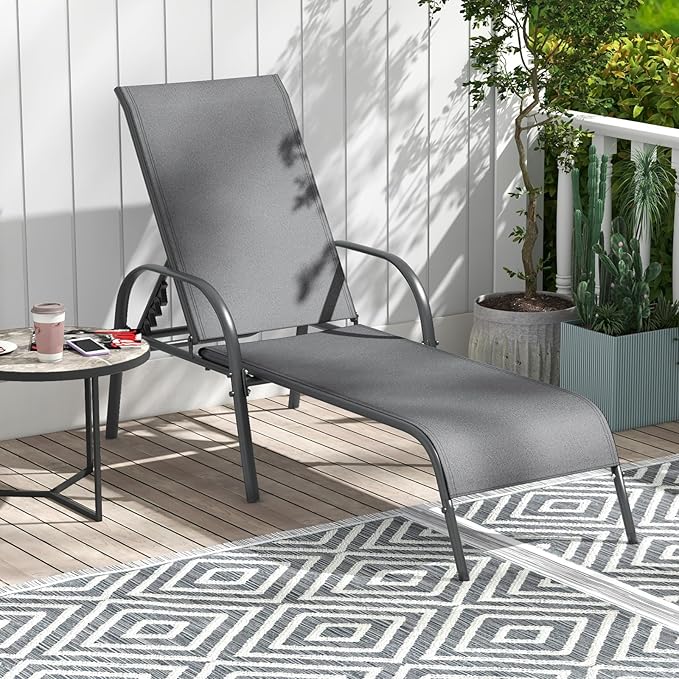 Giantex 2 Pack Patio Lounge Chair, Outdoor Chaise Lounge with 5 Adjustable Backrest, Sturdy Steel Frame, Sunbathing Recliner, Tanning Chair for Beach, Outside, Yard, Balcony, Pool Chairs (2,Dark Gray) Giantex