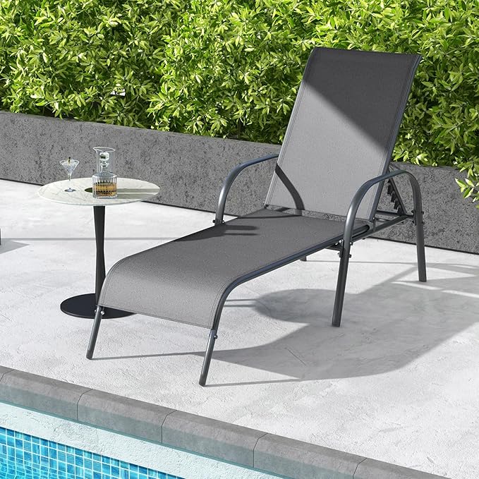 Giantex 2 Pack Patio Lounge Chair, Outdoor Chaise Lounge with 5 Adjustable Backrest, Sturdy Steel Frame, Sunbathing Recliner, Tanning Chair for Beach, Outside, Yard, Balcony, Pool Chairs (2,Dark Gray) Giantex