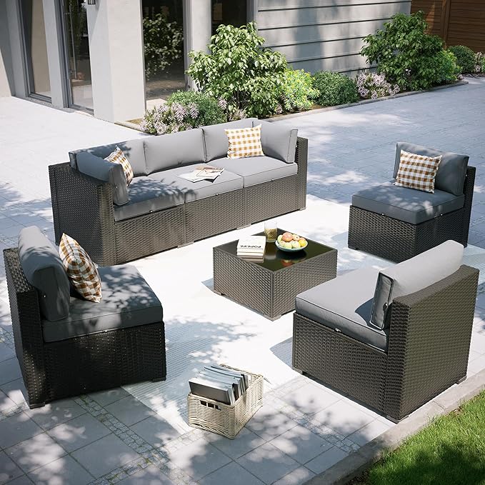 Aoxun Patio Furniture Set, 7 Piece Outdoor Sectional Sofas with Waterproof Cover, Wicker Rattan Outdoor Furniture Patio Conversation Set for Backyard, Garden Light Grey Aoxun