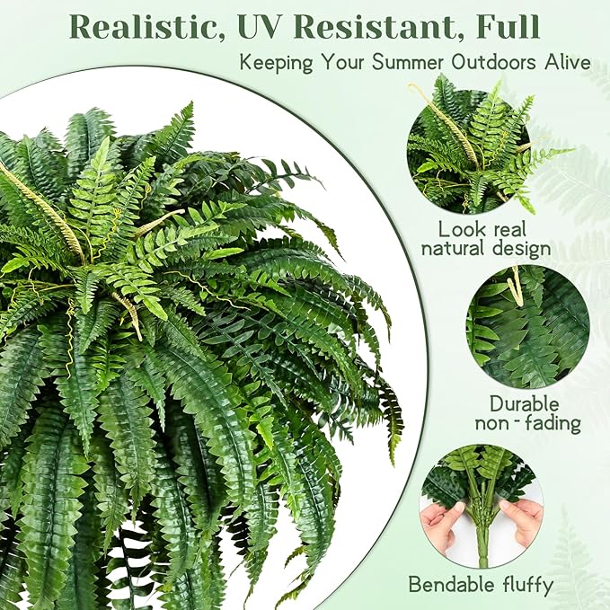 MARTINE MALL 2Pcs 48'' Fake Ferns Look Real Artificial Ferns for Outdoors, 88 Branches Large Faux Boston Fern for Outdoor Planter Realistic UV Resistant Hanging Artificial Fake Plants for Porch Patio MARTINEMALL
