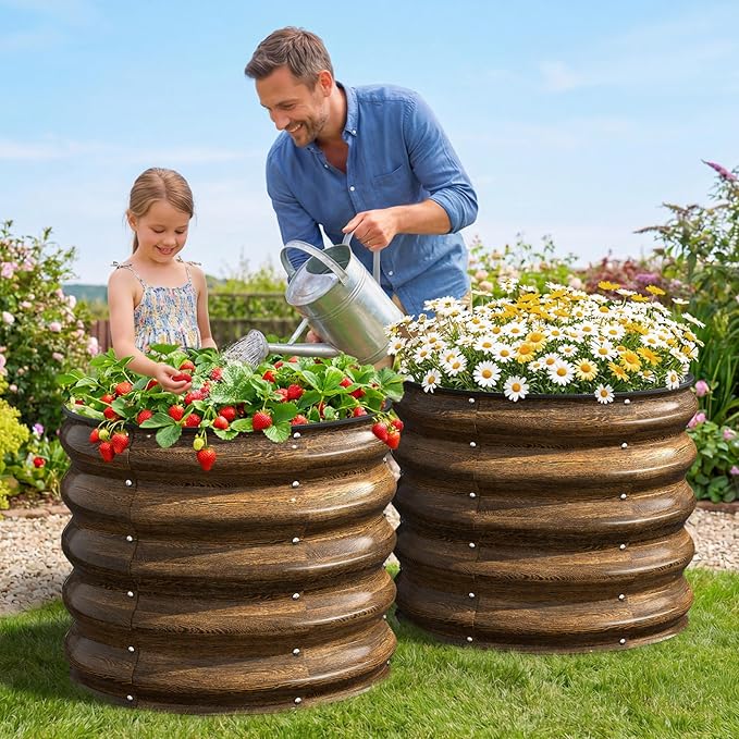 Kesfitt Round Metal Raised Garden Bed, 2x2x1.5 FT, 18-Inch Deep Galvanized Steel Garden Bed with Open Bottom for Outdoor Vegetables & Herbs, Walnut Finish, 2 Pack Kesfitt