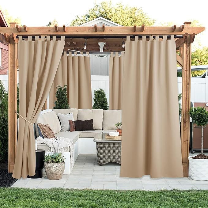 NICETOWN 2 Panels Outdoor Curtains for Patio Waterproof 84" Long, Detachable Sticky Tab Top Thermal Insulated Privacy Sun Blocking & UV Protection Drapes for Porch/Pergola, Biscotti Beige, W52 x L84 NICETOWN