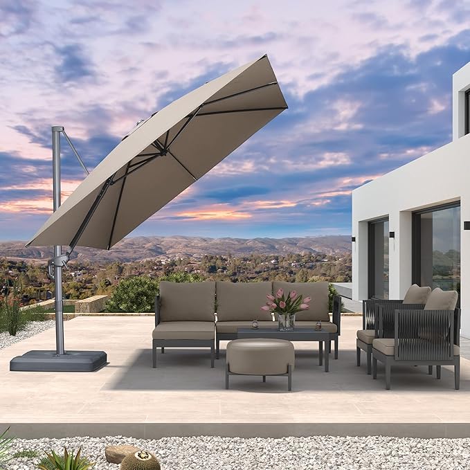 PURPLE LEAF Patio Umbrella 10' X 10' Rectangle Cantilever Umbrella Large Aluminum Outdoor Umbrellas with 360-degree Rotation & UPF40+ Premium Fabric for Deck Pool Garden Yard, Ash Mocha Rootora