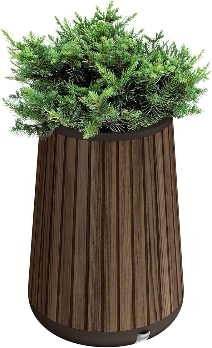 Keter Signature Conic 28.5 Inch Tall Round Large Wood Look Planter for Indoor or Outdoor Flower Pot Ideal for Patio Deck and Front Porch Decor, Rosewood Keter