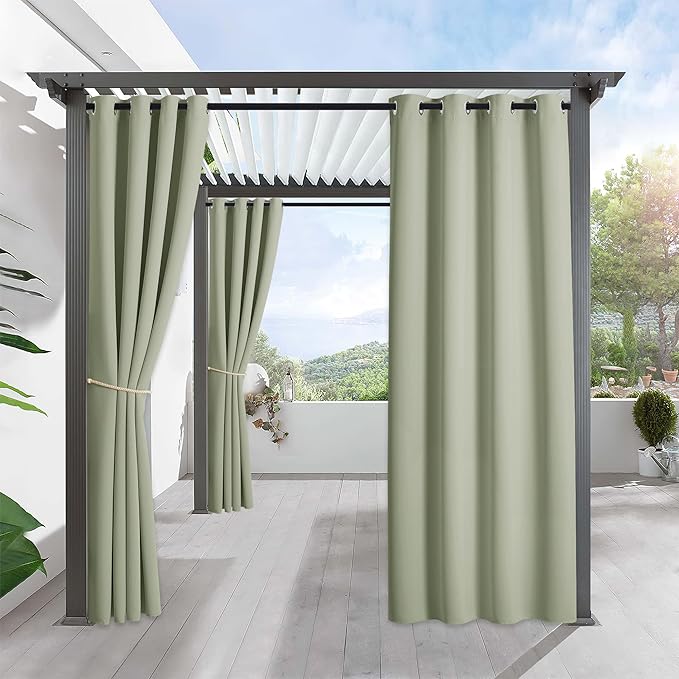 RYB HOME Outdoor Curtains for Patio Waterproof Block Sunlight Thermal Insulated Privacy Assured Thick Outside Curtains for Pergola, Deck, Gazebo, W52" x L108", Sage Green, 1 Panel RYBHOME