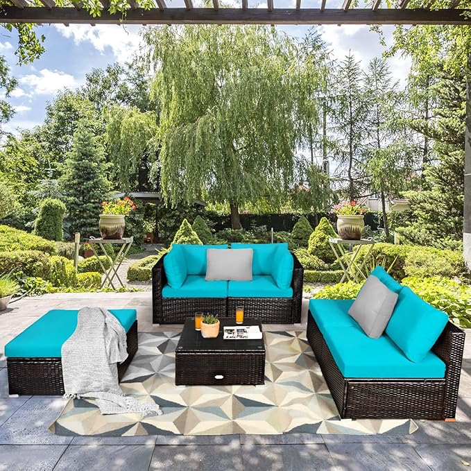 Tangkula 6 Piece Patio Furniture Set, Outdoor Deck Lawn Backyard Durable Steel Frame PE Rattan Wicker Sectional Sofa Set, Conversation Set with Coffee Table (Turquoise) TANGKULA