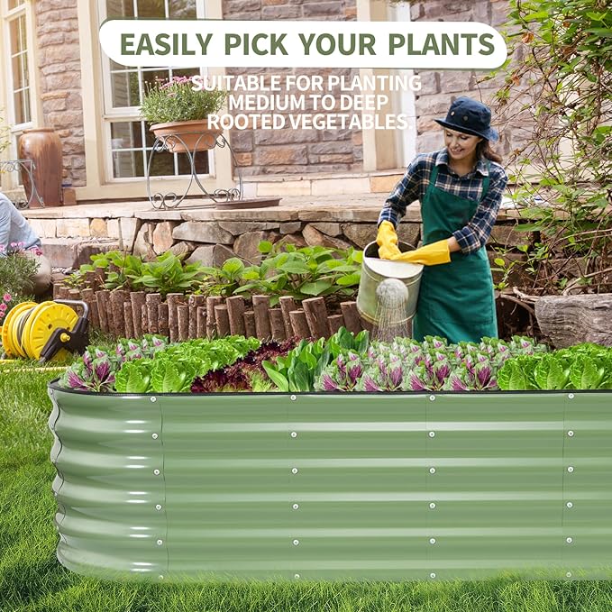 Galvanized Raised Garden Bed - 8x2x1.4FT Metal Planter Boxes Outdoor | Oval Steel Raised Bed Kit for Gardening with Protective Tape, Bracing Rods, Gloves for Vegetables, Flower, Herb (Green) Permade