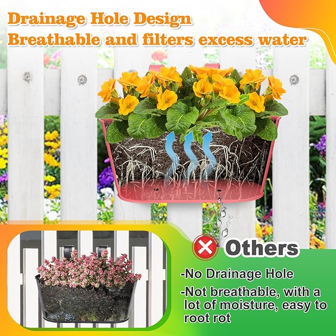 MADHOLLY Railing Planter with Drainage Holes - Sturdy Bucket Pots for Railing Fence, Countryside Style Metal Flower Pots for Herbs Balcony Garden Yard Decor, 4Pcs, Colorful MADHOLLY