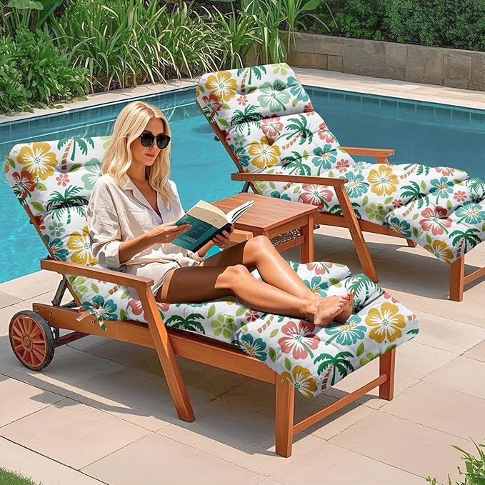 4 Pack Outdoor Chaise Lounge Chair Cushion 75.1 x 22.8 x 4.7 Inches 100% Waterproof Replacement Cotton Patio Pool Lounge Chair Cushion for Outdoor Furniture with Ties, Green Coconut Tree Uthem