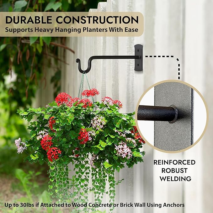 RTZEN Plant Hangers Indoor or Outdoor - Wrought Iron Metal Hanger Indoor Hook - Heavy Duty Wall Bracket Hooks for Hanging Plants Baskets Lanterns Wind Chimes - 2 Pack (Black Shepherds Hooks 7.5") RTZEN