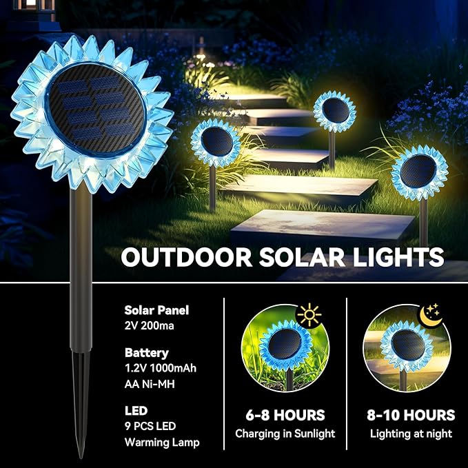 Outdoor Solar Lights, 2 Pack Led Solar Sunflower Lights, Stake/Wall 2-in-1 Waterproof Solar Garden Lights for Yard, Landscape, Fence, Patio, Driveway, Pathway, Backyard Decoration (Warm White) GIUNN