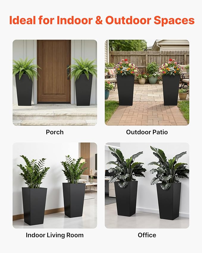 VEVOR 30 inch Tall Planters for Outdoor Plants Set of 2, Black Tall Planter for Indoor Plants, Modern Large Planters for Front Porch Patio Balcony, Plant Container Flower Pots with Built-in Drainage VEVOR