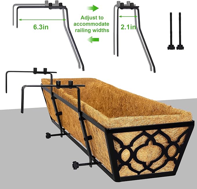 Y&M 24in Window Planter Box 4Pcs Iron Railing Planter with Coco Liner for Outdoor Balcony Rail, Fence, Porch, Patio YM